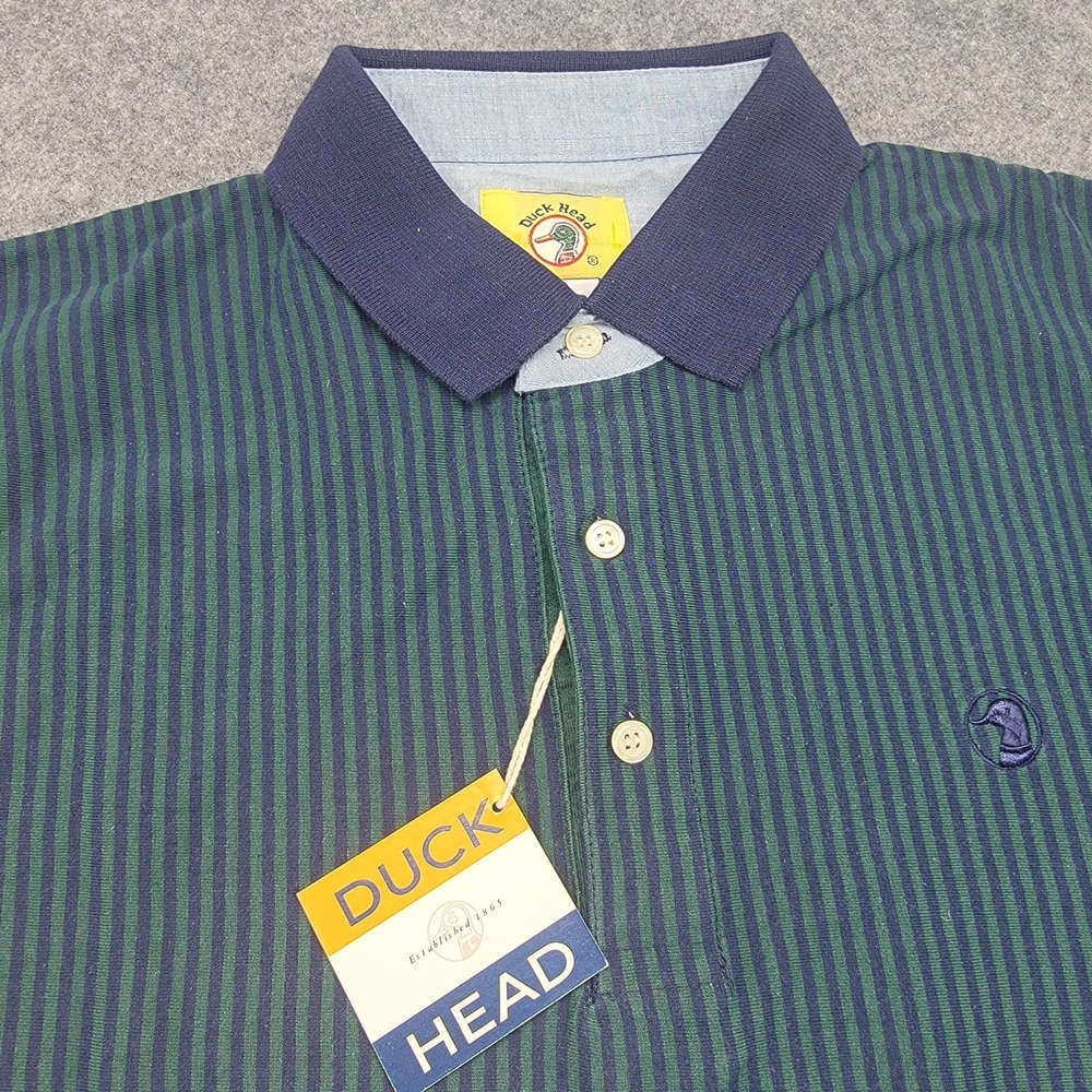 Duck Head Original Green  Stripe Short Sleeve Polo Shirt 100% Cotton Mens Large